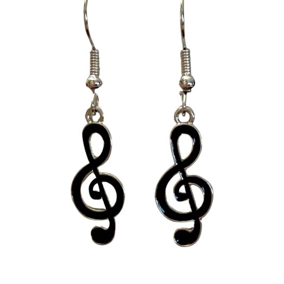 Treble Clef Dangle Earrings In Black and Silver For Music Lovers Singers Pianist - Picture 1 of 4